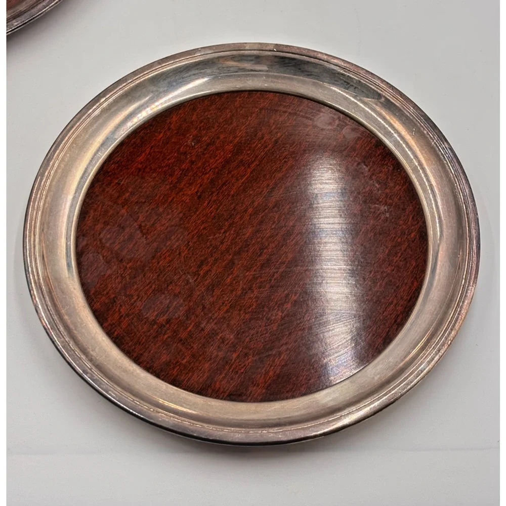 Vintage Crescent Silverplate Formica Coaster Set Wood Grain Bar Trays MCM